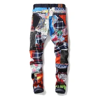 mens street style hot sale new personality multicolor patch fried street net red straight slim ripped jeans
