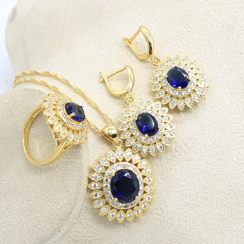 Синий кристалл белый циркон золотой цвет свадебный браслет серьги ожерелье