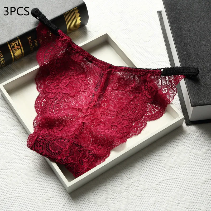 

3PCS Lace Sexy Women Underwear French Style Ladies Transparent Entice Knitting Knickers Pure Cotton Bottom Seamless Briefs