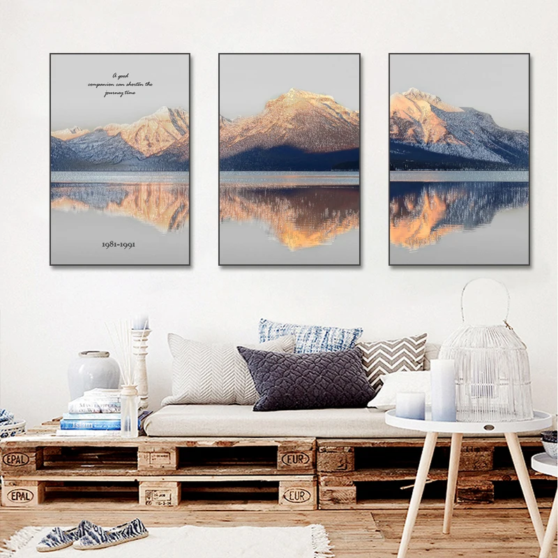 

Modern Canvas Painting Poster and Print Landscape Print Golden Gray Mountains Shadow In The Lake for Home Rooms Gallery Decorati