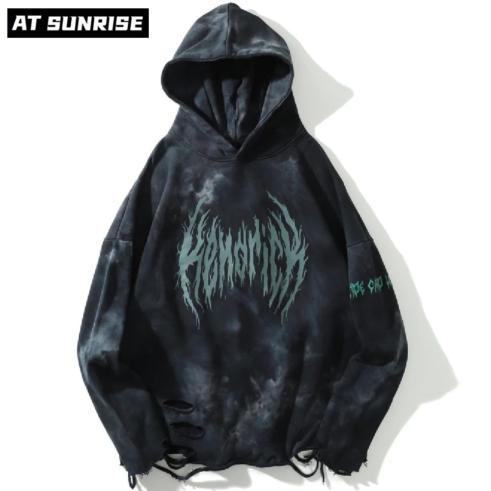 

2021 Men Hip Hop Sweatshirt Hoodie tie dye Streetwear Harajuku Ripped Graphic Printed Pullover Hoodie Cotton Winter Black Hoodie
