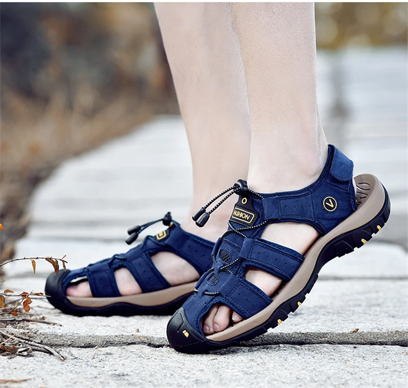 Мужские сандалии из натуральной кожи Нескользящие уличные спортивные тапочки