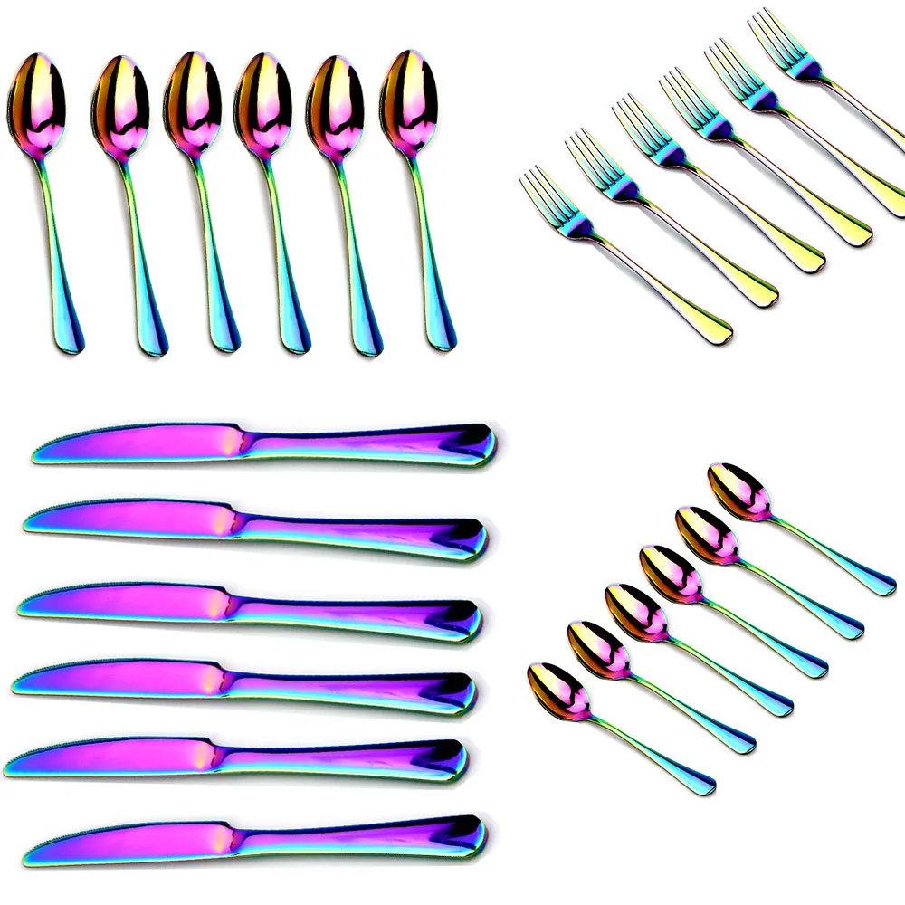 6Pcs/set Rainbow Tableware Stainless Steel Cutlery set Knife Fork Scoops Dinnerware Set Dinner Set Kitchen Accessories