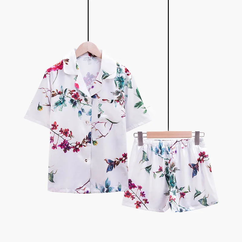 

ChunShang Pajamas Women Summer Ice Silk Thin Short-Sleeved Shorts Two-Piece Suit Plant Flower Printed Home Service