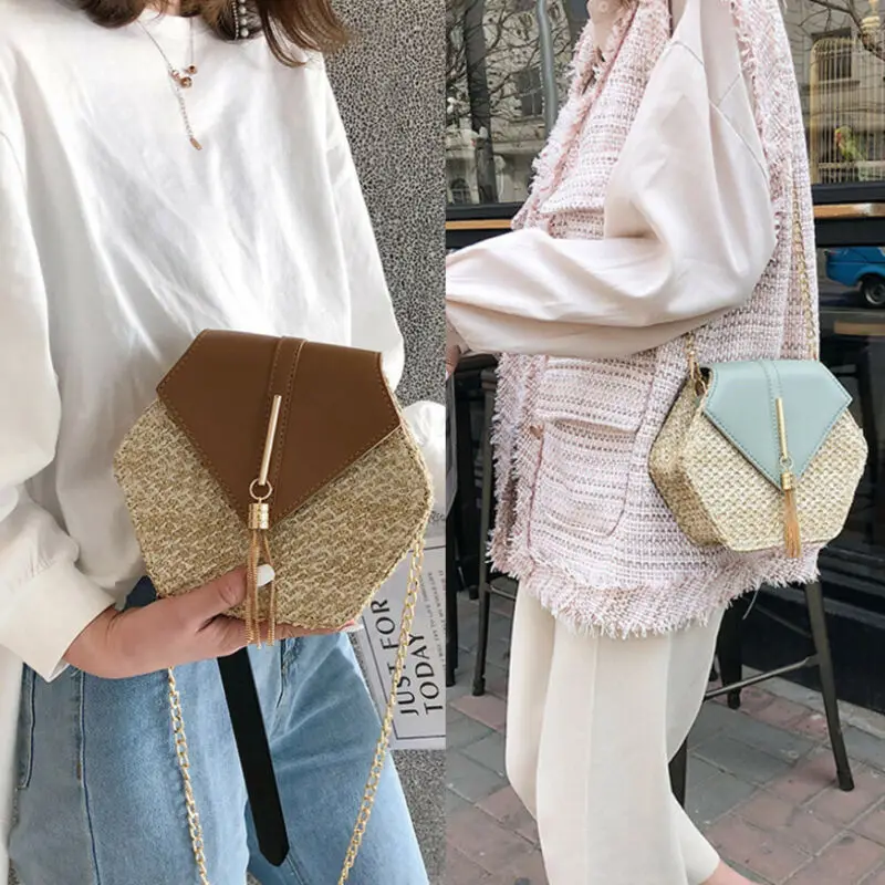 

Hexagon Multi Style Straw+leather Handbag Women Rattan Bag Handmade Woven Beach Circle Bohemia Shoulder Bag Travel Fashion