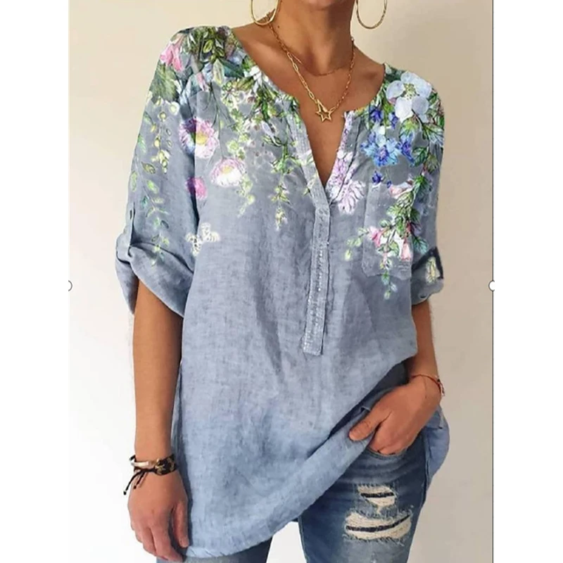 

Street Style Lady Fashion Casual Tops Summer Loose Elegant Pullover Shirts For Women V-neck Printed Short-Sleeved Vintage Blouse