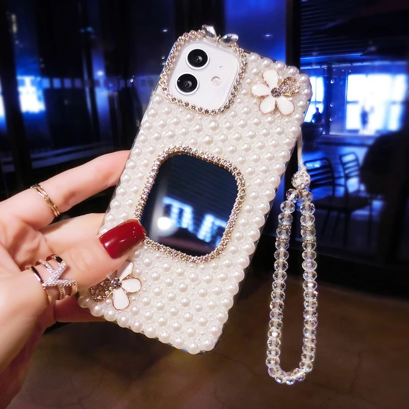 

For iPhone 13 12 Mini 11 Pro XS Max XR X 8 7 6 6S Plus SE Fashion Full Bling Pearl Diamond Flower Crystal Bracelet Case Cover