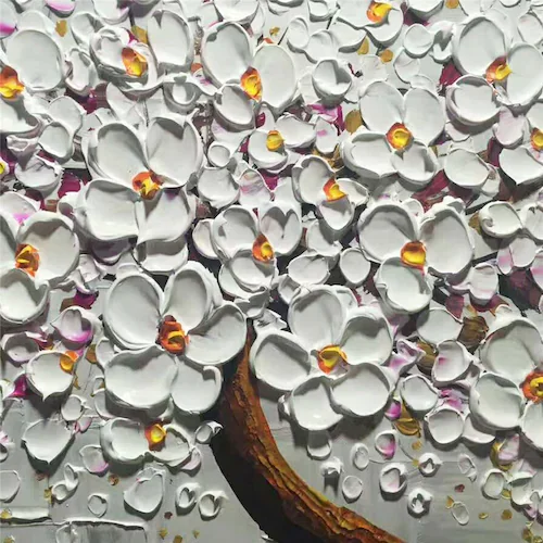 

ORIGINAL Modern Hand Painted White Flower Tree in Grey Background Oil Painting