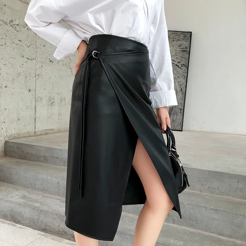 

SHZQ Genuine Leather Women Skirt Natural Sheepskin Elegant Waist Bow Decor Office Lady Sweet Style Black Skirt Alt Clothes