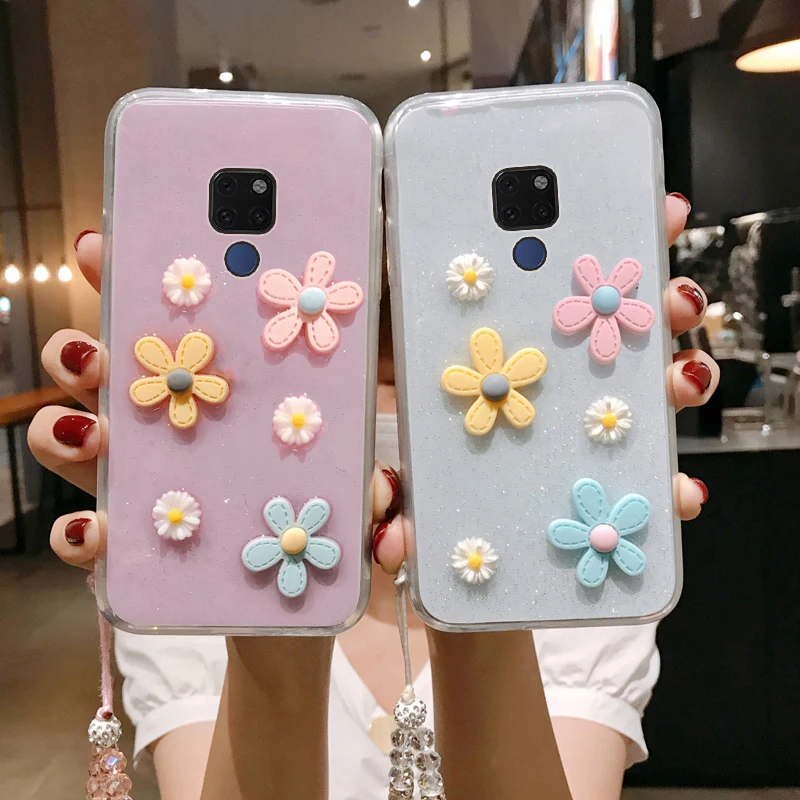 

Mate 20 3D Bloemen Glitter Phone Case For Huawei Mate 20 Transparante Bling Soft Tpu Back Cover