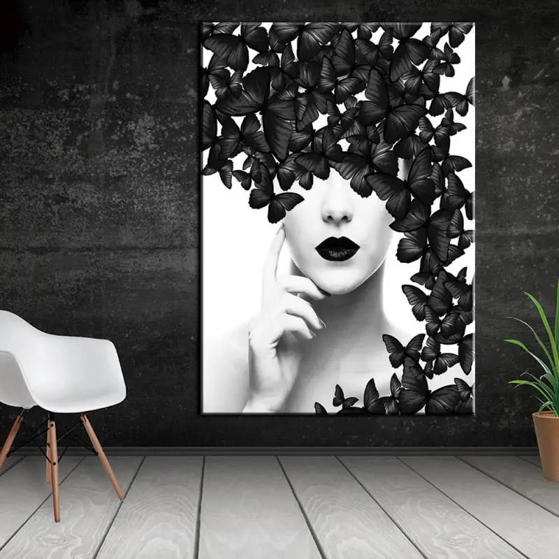 

Black Butterfly and Woman Poster Home Decor Canvas Painting Decoration Bedroom Living Room Canvas Painting