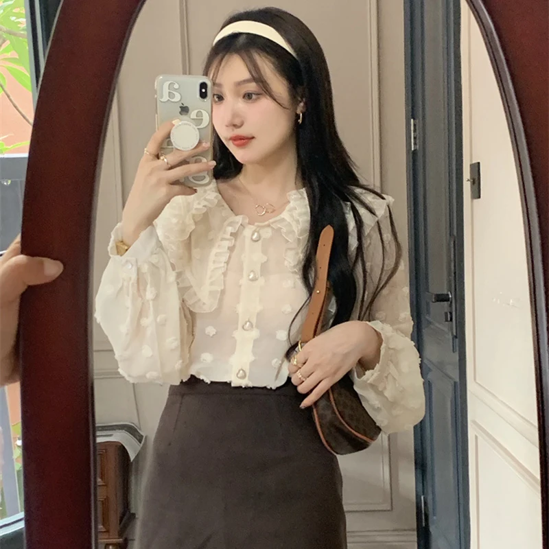 

Chic Women's Elegant Tops Lace Tassel Doll Collar Long Sleeve Single-Breasted Refreshing Blouse Autumn Vintage Casual Shirts