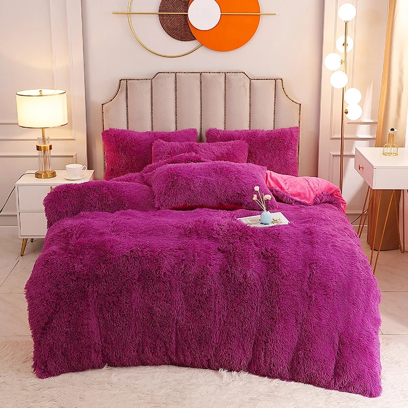 

2021 Winter New AB Face Pure Color Super Warm Mink Velvet Bedding Quilt Cover Sheet Pillowcase 4-piece Set Pink Purple Home 1.8m