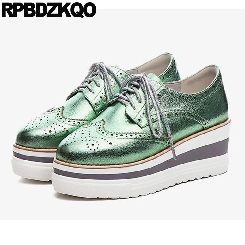 Туфли лодочки женские на платформе 3 дюйма натуральная кожа броги шнуровке