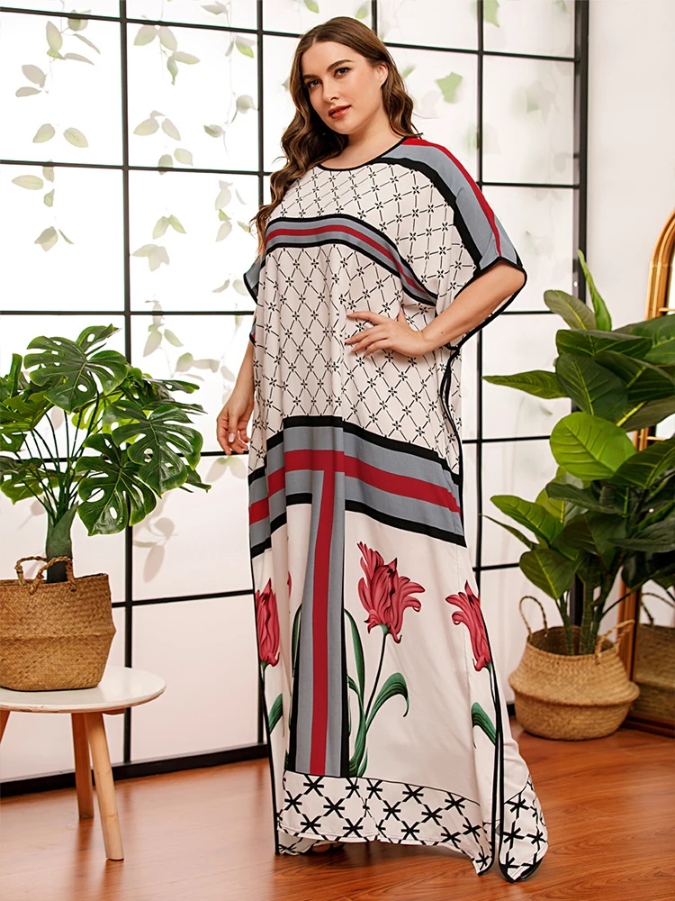 Bat Sleeve Plus Size Women Clothing Large Long Dress Summer 2020 Contrast Color Loose Casual Maxi Dresses Arab Robe Kaftan | Женская