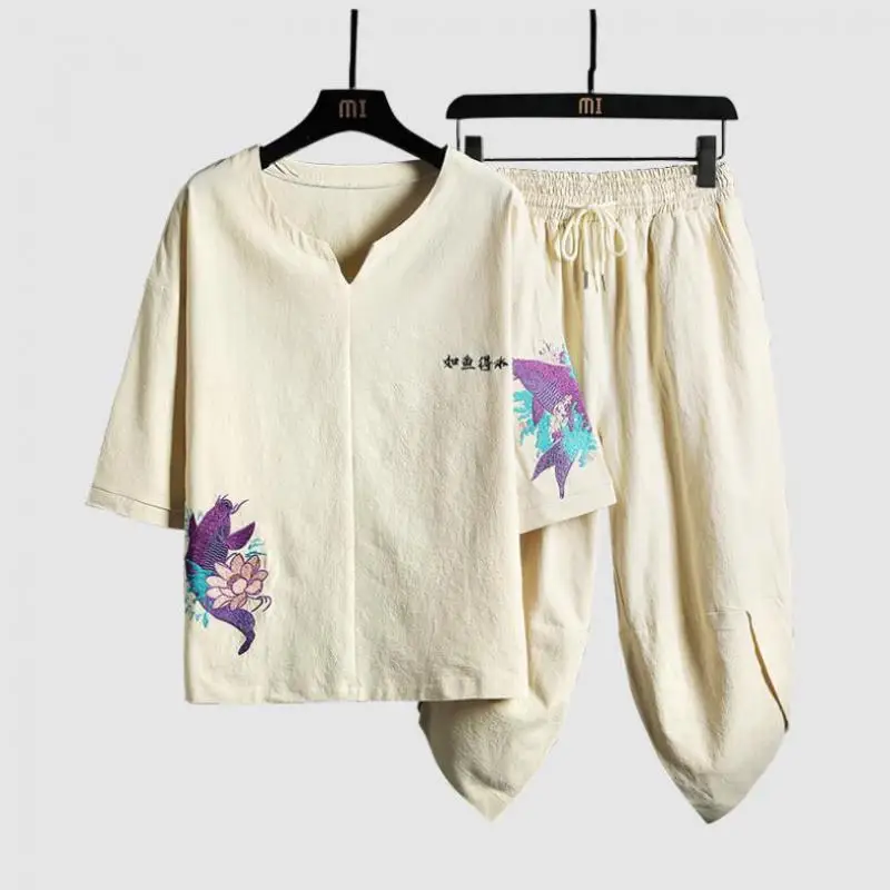 

Men's T-shirt + Shorts Set Summer Breathable Casual T shirt Chinese Sets Fashion Harajuku Embroried Male Suit 2021 New XXXXXXXXL