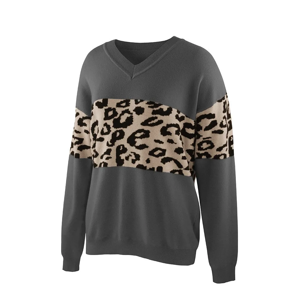 

Women Leopard Patchwork Sweater V-neck Full Sleeve Jumper Fashion Autumn Winter Ladies Knitted Pullovers Top Khaki Brown