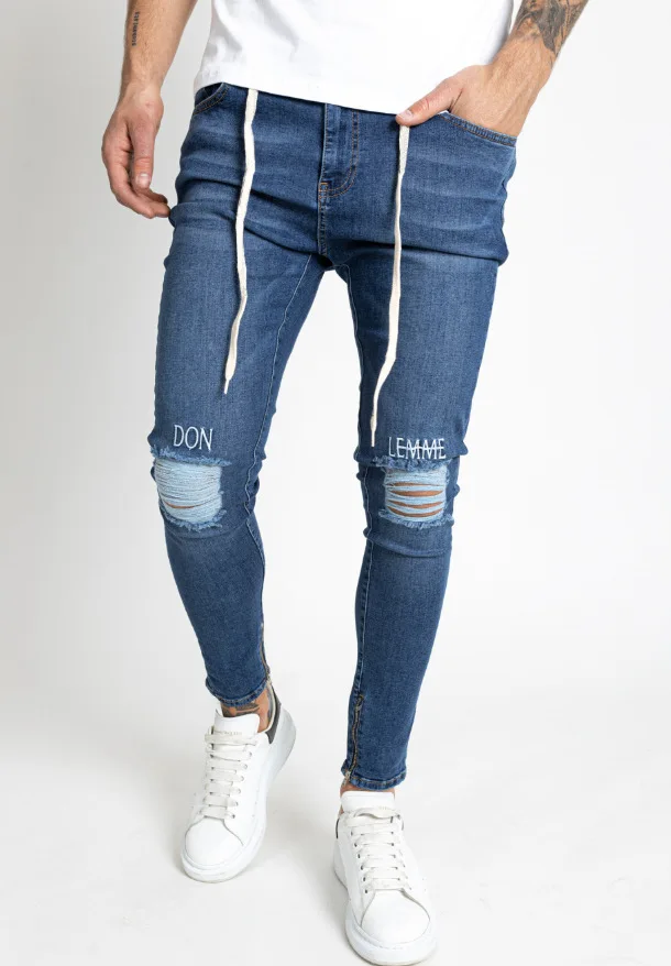 Black Ripped Jeans Mens Fashion Letter Embroidery Stretch Skinny Distressed Jeans Hombre Slim Ankle Zipper Denim Pencil Pants