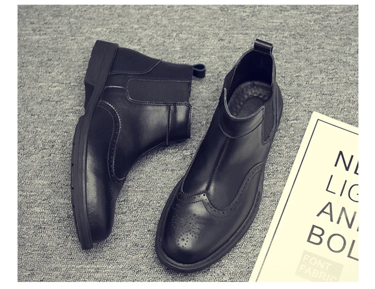 Winter PU Chelsea Boots Men Elastic Band Pointed Toe Ankle Boots Solid Casual Motorcycle Shoes Plus Size Black Brown