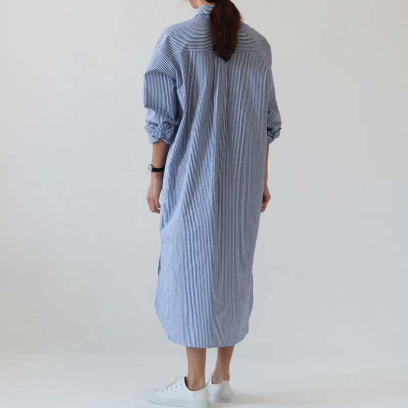 Женское платье-рубашка в полоску синее винтажное платье миди с отложным