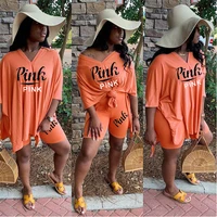 summer 2021 short two piece set women clothes pink letter print loose long t shirt top shorts set streetwear casual 2pcs outfits