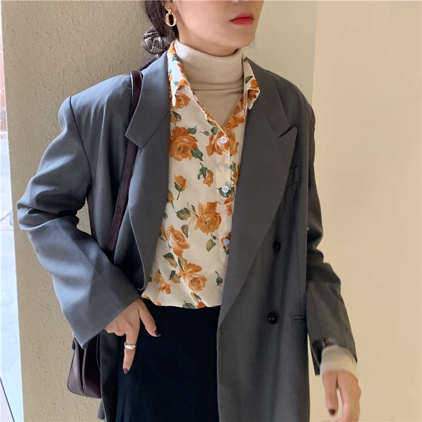 

Spring New Women Chiffon Print Blouse Shirt Puff Sleeve Female Office Shirts Lady Blousa Outfits