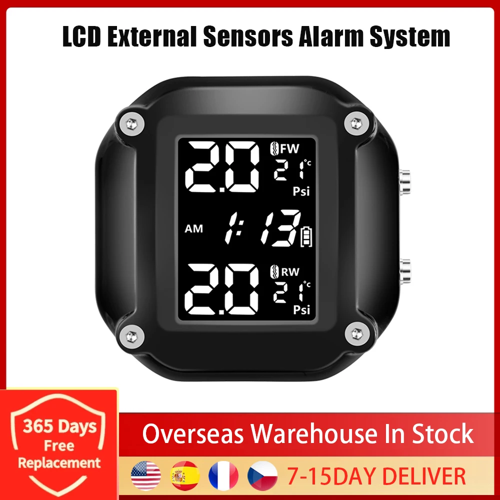 

Motorcycle Tire Pressure Monitoring System ABS Black Tyre Temperature Alarm System With LCD External Sensors Alarm System