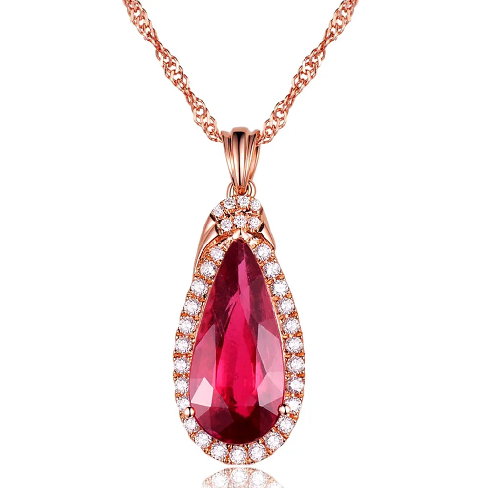 

RUBY GEMSTONES 5A ZIRCON DIAMOND PENDANT NECKLACES FOR WOMEN WATER DROP RED CRYSTAL ROSE GOLD CHOKER CHAIN JEWELRY BIJOUX BAGUE