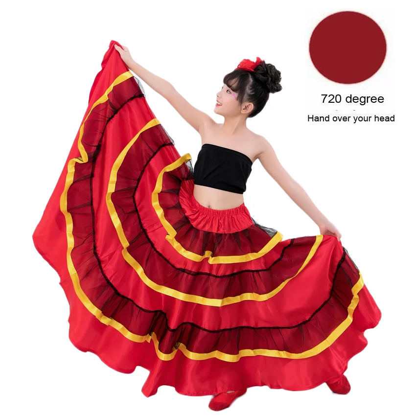 720 Degree Skirt Детская юбка фламенко, испанский бой быков, танцевальное платье, цыганская одежда для выступлений, Женская сценическая одежда, женский красный атласный костюм - Цвет: 720 Degree Skirt