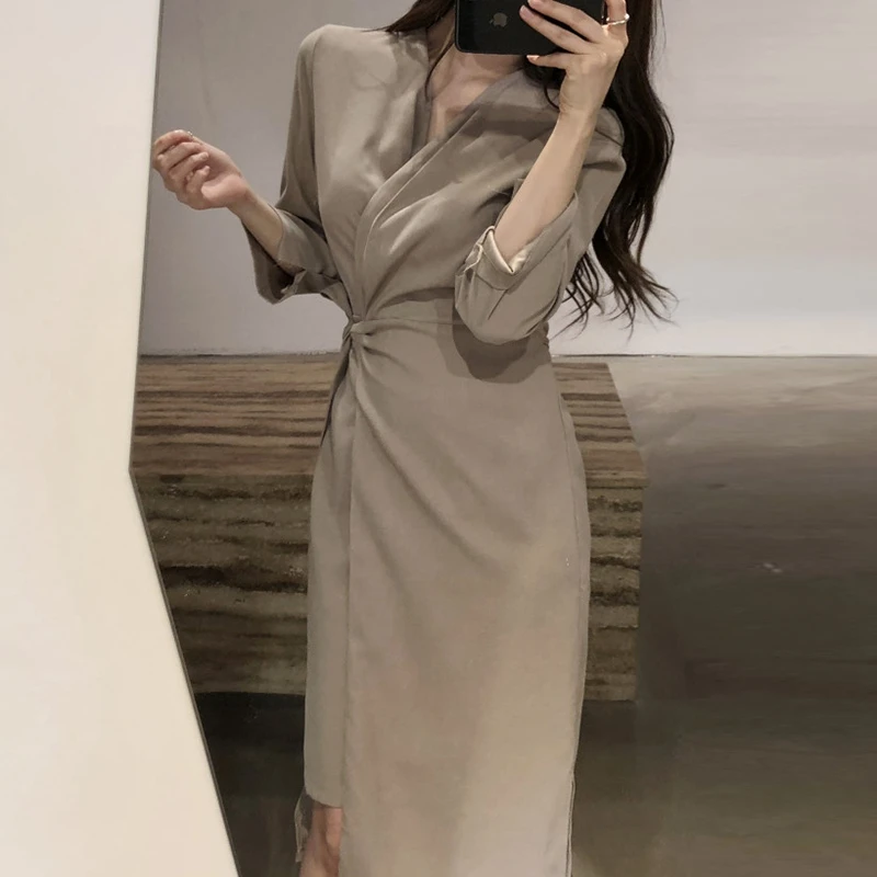 RealShe женское платье с v-образным вырезом и длинным рукавом сплошное асимметричное