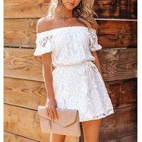 off shoulder sexy lace short sleeve dress summer new womens clothing middle waist one word collar solid color princess dress