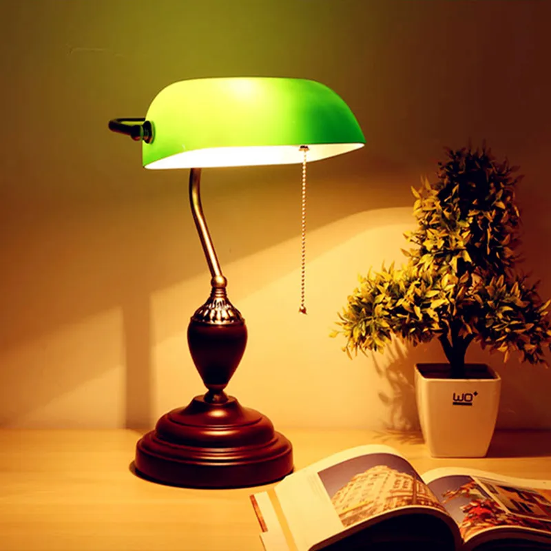 Lámpara de banquero clásica nórdica, luz de mesa de vidrio verde, cubierta de pantalla, luces de escritorio E27 para dormitorio, estudio, Vestíbulo de lectura en casa
