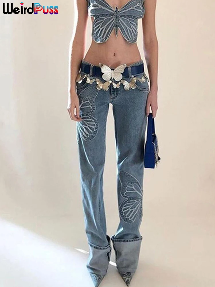 

Werid Puss Y2K Butterfly Print Low Waist Jeans Women Casual Cotton Straight Denim Pants 2021 Fall Trend Streetwear Wild Bottoms