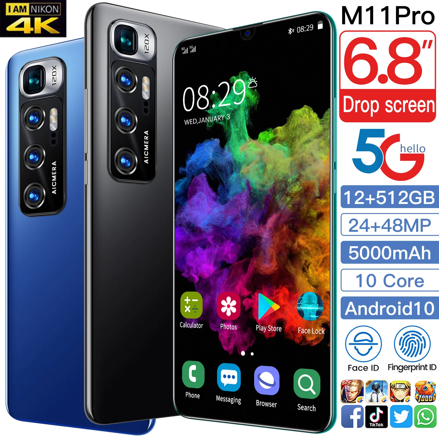 

2021 New M11 Pro Global Version 5G Smartphone 6.8 Inch 5000mah Fingerprint Unlocked 10 Core 12GB 512GB 24MP 48MP 5G Cell Phones