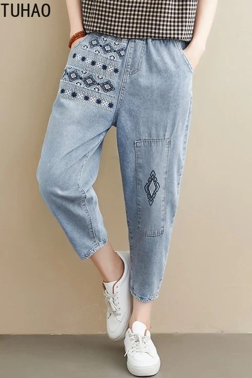 

TUHAO Plus Size Elastic Waist Embroidery Denim Pants Jeans Ladies Loose Denim Trousers Oversize Washed Jeans Harem Pants WM33