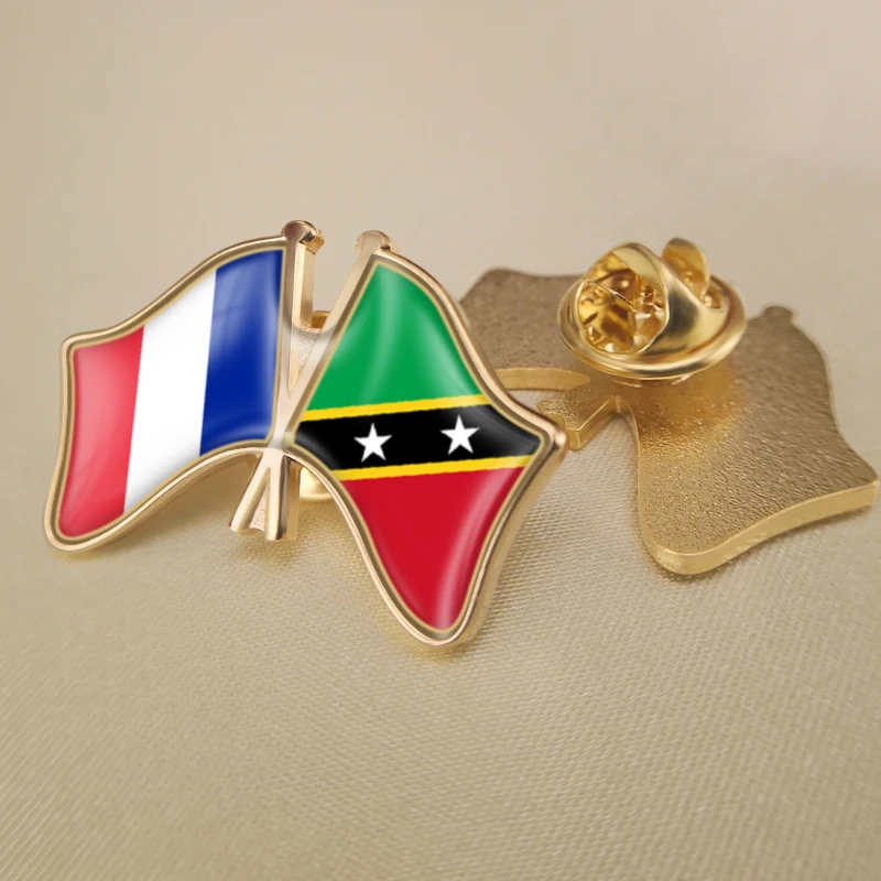 

France and Saint Kitts and Nevis Crossed Double Friendship Flags Lapel Pins Brooch Badges