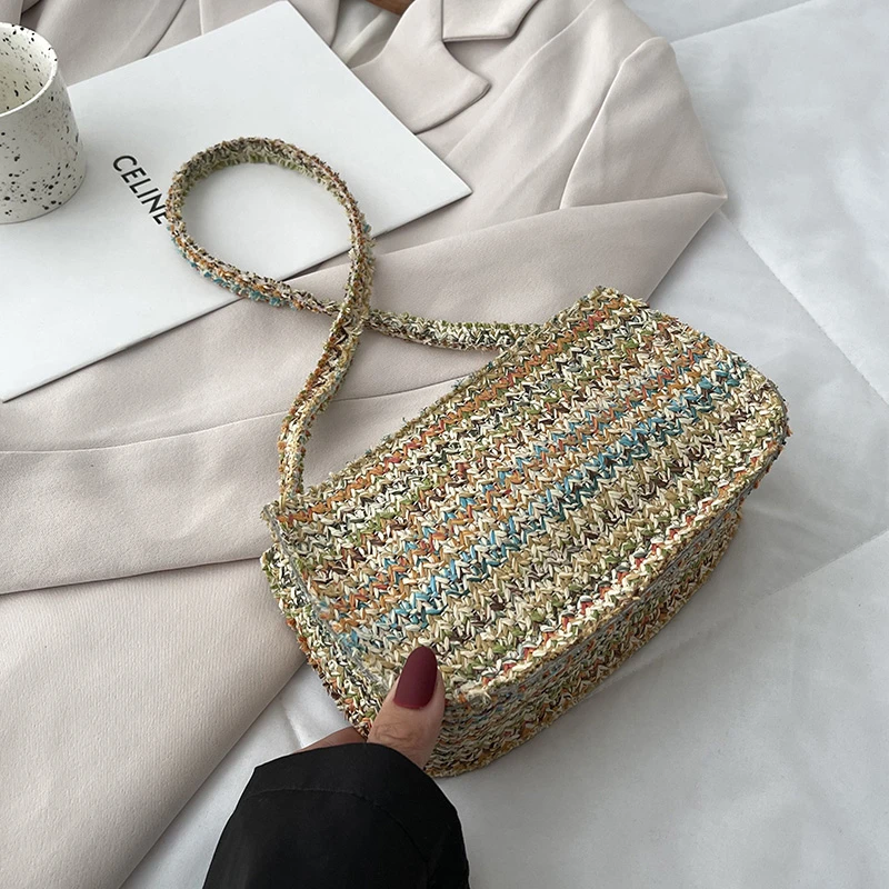 

Summer Straw Bags For Women Handmade Woven Basket Bohemia Totes Casual Braided Raffia Pouch Beach Bag Baguette Shoulder Bags