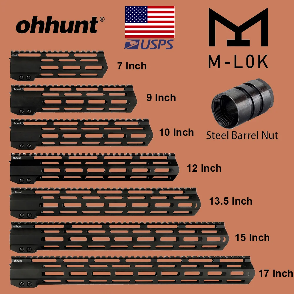 

ohhunt Tactical M-LOK Handguard Rail 7" 9" 10" 12" 13.5" 15" 17" M LOK Free Float Picatinny Rail Bracket with Steel Barrel Nut