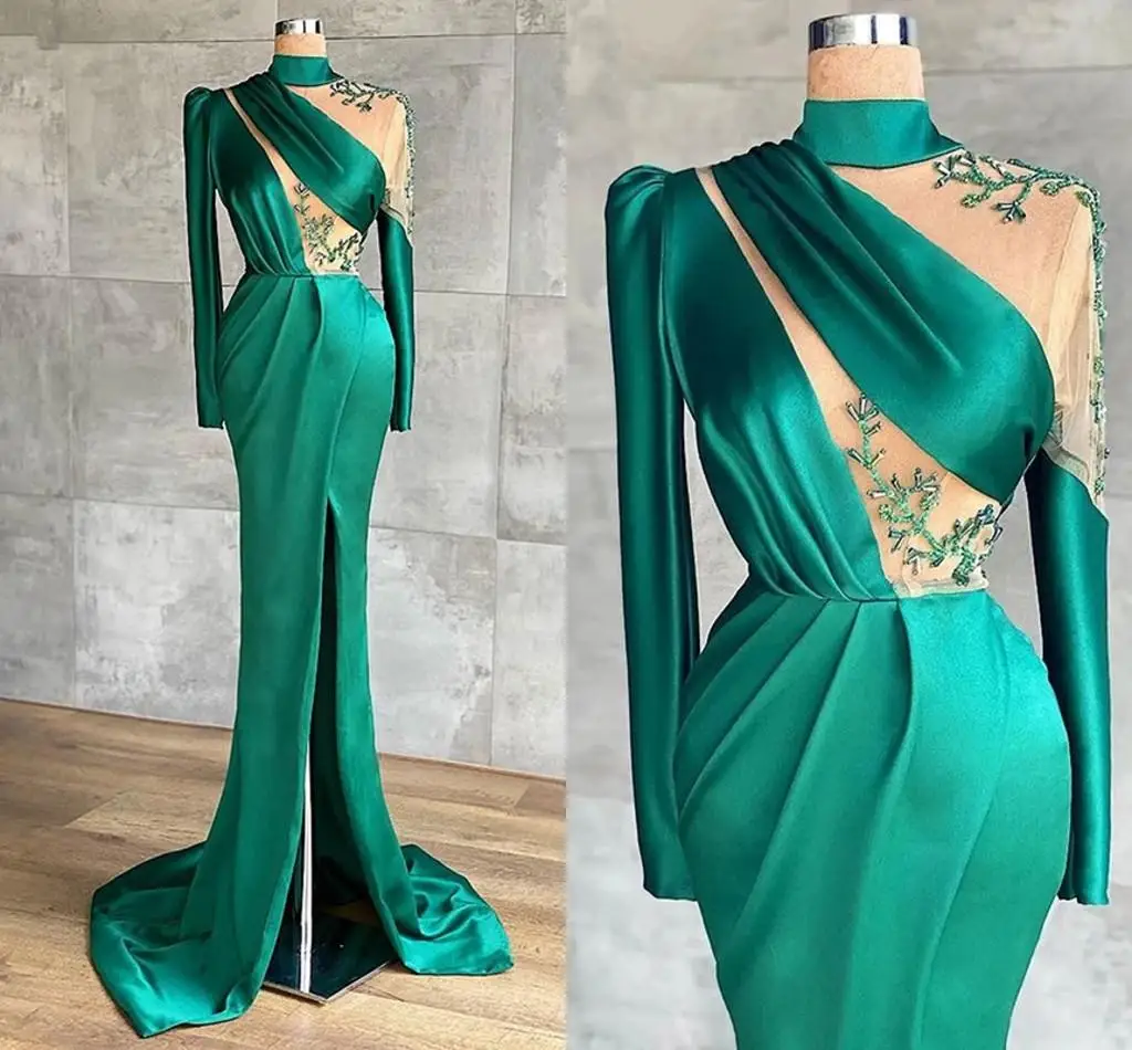 

Зеленое вечернее платье с длинным рукавом и высоким воротником, платье-Русалка для выпускного вечера, прозрачные вечерние платья до пола, а...