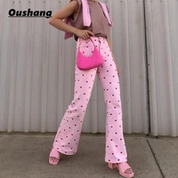 90s y2k heart print skinny pocket sweatpants fashion 2021 pink pants women sweat cute high waist long trousers ladies oushang