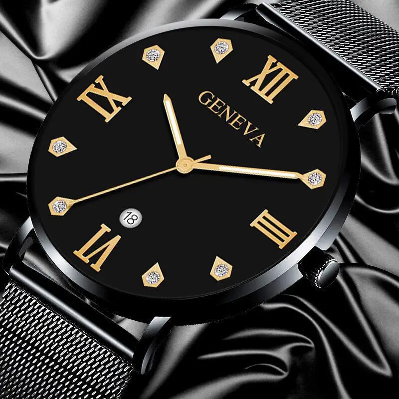 

Geneva Brand Men's Watch Fashion Ultra-thin Diamond Scale Mesh Belt Creative Color Pointer Alloy Business Calendar Quartz Watch