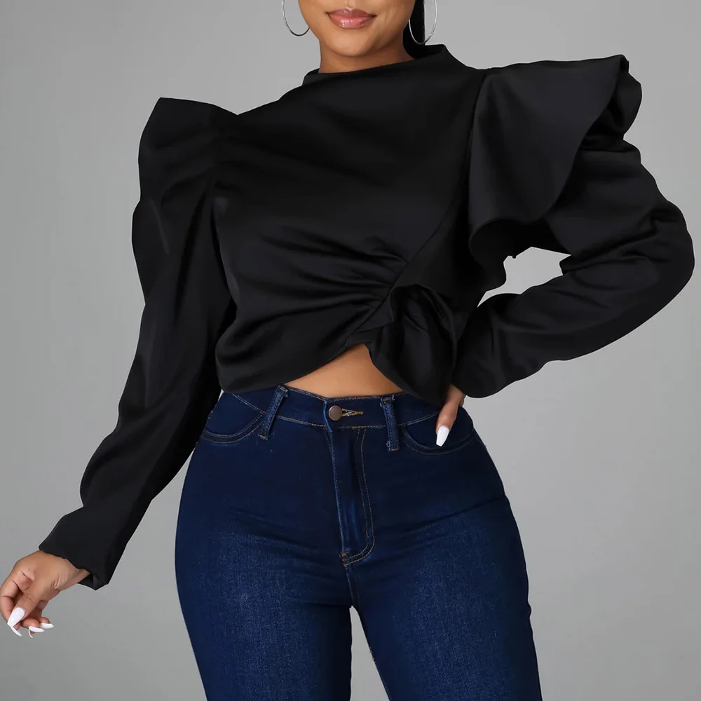 

Chic Ruffles Shirt Women Short Top Casual 2021 Spring Long Sleeves Blouse Stand Neck Solid Color Shirts Fashion Back Zipper