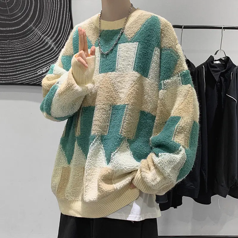 

2021 Autumn Winter Mens Knitted Sweater Contrast Color Sweaters Jumper Pullover Casual Loose Knitwear Sweater F415