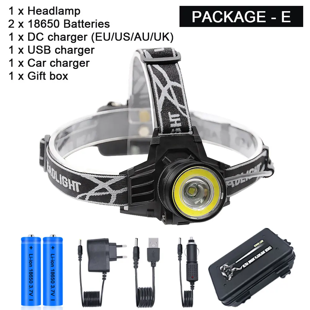 Package-E Супер яркий светодиодный налобный фонарь T6+ COB, 4 режима, фонарь для охоты, рыбалки, велосипеда, USB Перезаряжаемый Головной фонарь, масштабируемый фонарик 18650 - Испускаемый цвет: Package-E