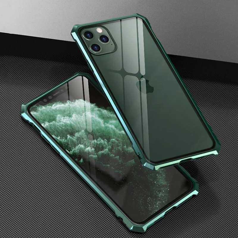 2019 New Phone Case For iPhone 11 Pro Max Snap Button Original Aluminum Metal Frame Bumper Tempered Glass Back Full Cover Funda |