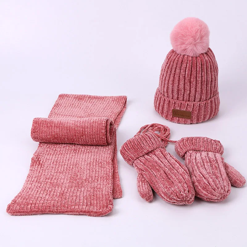 

Hats Scarf Three-piece Gloves Set Children Hat Winter Warm Mitten PomPon Knitted Hat With Lining Autumn Solid Color Beanies Sets