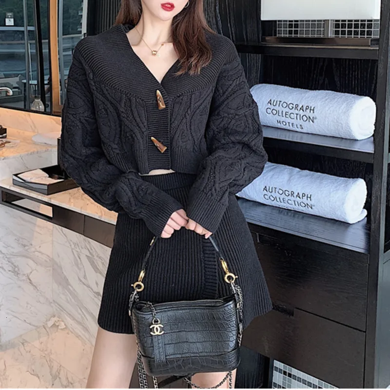 

Genayooa Two Piece Skirt Set Knitting Long Sleeve Ladies 2 Piece Suits Vintage Cashmere Suit With Skirt Solid Cardigan Female
