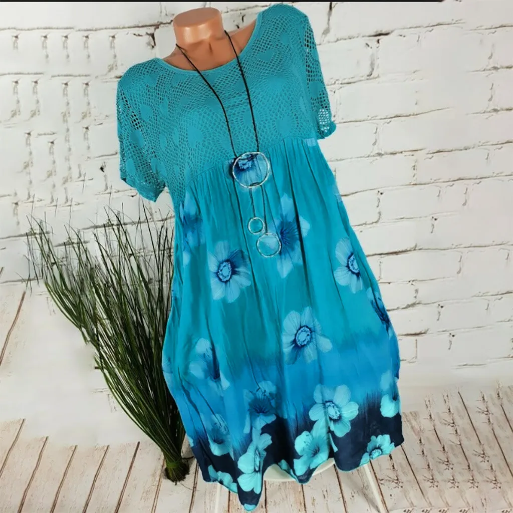 Light blue Размера плюс Летняя мода Boho печати кружева свободная женская блузка Футболки женские футболка с коротким рукавом Blusas Femininas пуловер - Цвет: Light blue