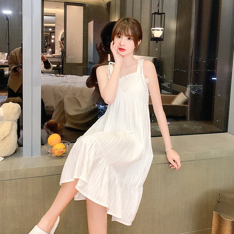 

Lady Cotton Spaghetti Strap Nightdress Lovely Bow Trim Sleepwear Sexy Sleeveless Long Nightgown Sweet Ruffles Home Dress