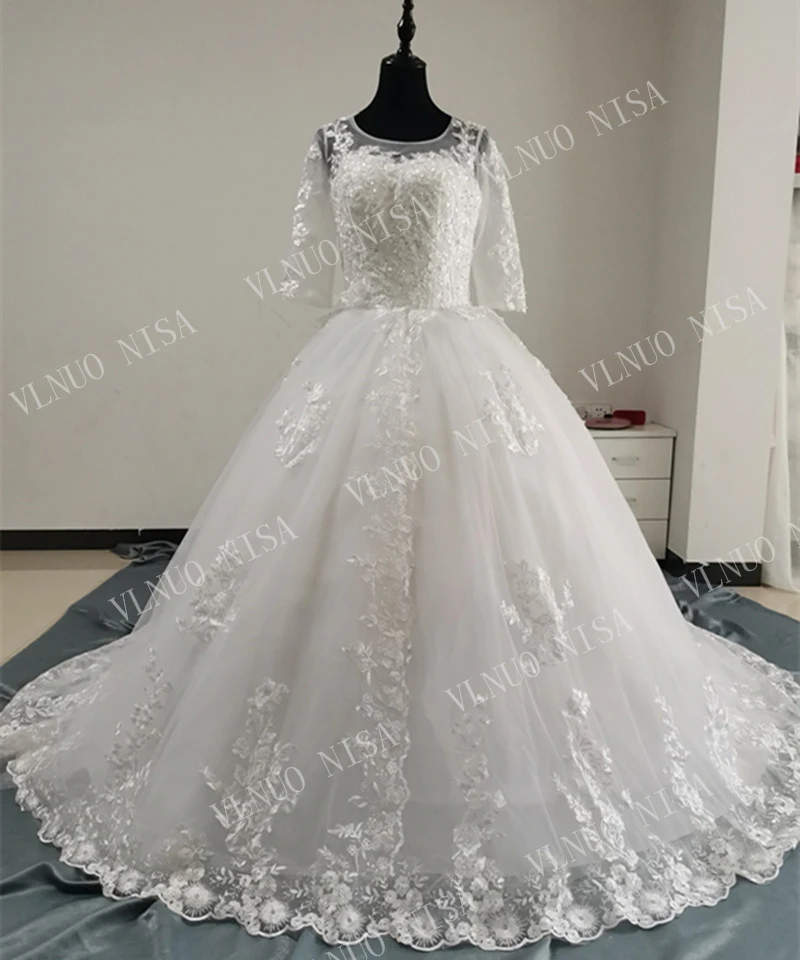 

Новые роскошные кружево Аппликация с длинным шлейфом элегантное платье с О-образным вырезом, платье принцессы Свадебное платье с вышивкой; ...